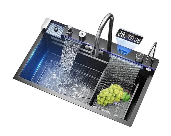 Chiuveta multifunctionala de bucatarie negru grafit cu 2 cascade robinet cascada afisaj digital temperatura 750x450