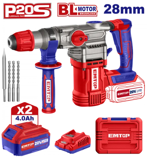 Ciocan rotopercutor cu 2 acumulatori 4.0Ah, motor fara perii (brushless), 28mm, 2.0J, 3 burghie, cutie de transport - ELRH202882, EMTOP