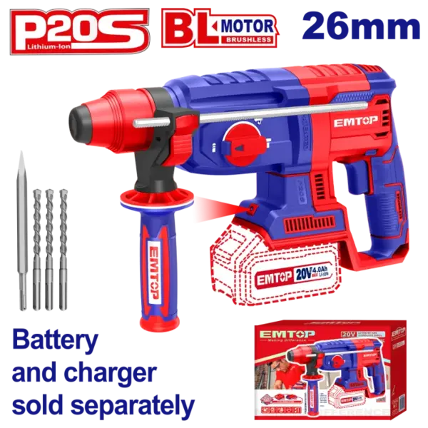 Ciocan rotopercutor fara acumulator si incarcator, 26mm, 4 accesorii - ELRH20228, EMTOP