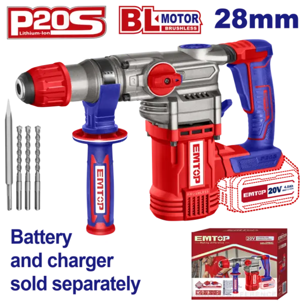 Ciocan rotopercutor fara acumulator si incarcator, 28mm, 4 accesorii - ELRH20288, EMTOP