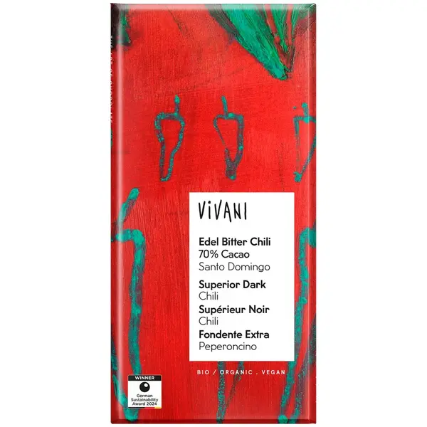 Ciocolata amaruie cu cacao 70% si chili bio, eco - 80 g