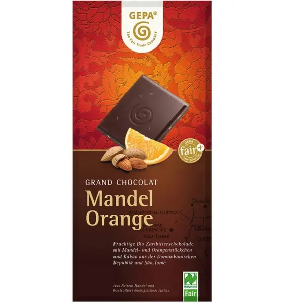 Ciocolata Bio amaruie cu migdale si portocale,100 g