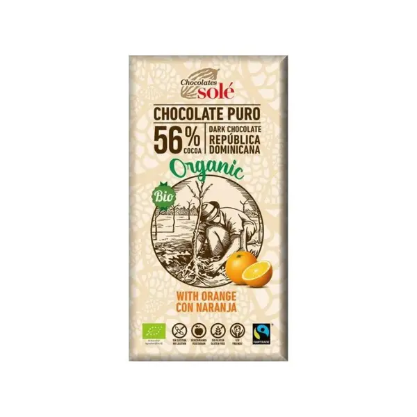 Ciocolata bio cu 56% cacao si portocale, 100g, Chocolates Sole