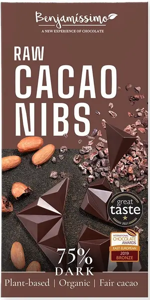 Ciocolată naturală organică cu boabe de cacao crude, 75% cacao, 60 g, Benjamissimo