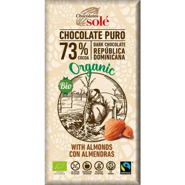 Ciocolata Neagra BIO 73% Cacao, cu Migdale, 150 g, Chocolates Sole