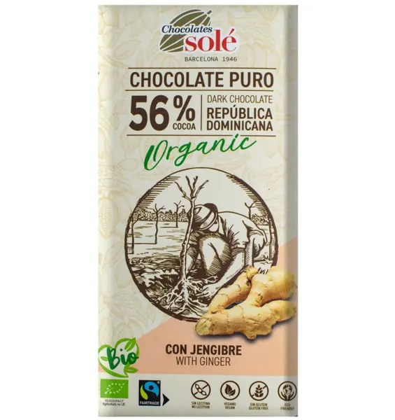 Ciocolata neagra BIO cu ghimbir, 56% cacao, 100 gr Chocolates