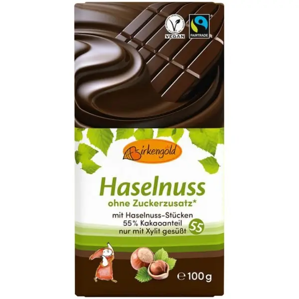 Ciocolata Neagra cu Alune fara Adaos de Zahar 55% Cacao, 100 g, Birkengold