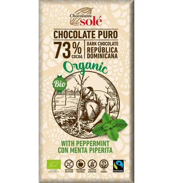 Ciocolata neagra cu menta BIO si Fairtrade 73% cacao, 100g Chocolates
