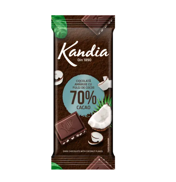 Ciocolata neagra Kandia cu fulgi de cocos 70% cacao 80g Ciocolata neagra Kandia cu fulgi de cocos 70% cacao 80g