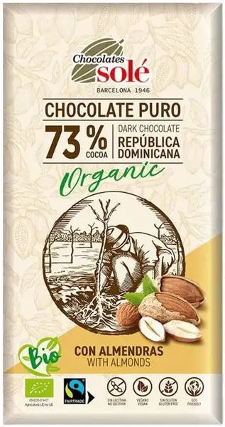 Ciocolată neagră organică cu migdale, 73% cacao, 150 g, Chocolates Solé
