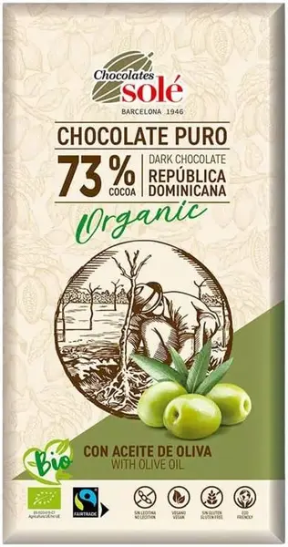 Ciocolată neagră organică cu ulei de măsline, 73% cacao, 100 g, Chocolates Solé
