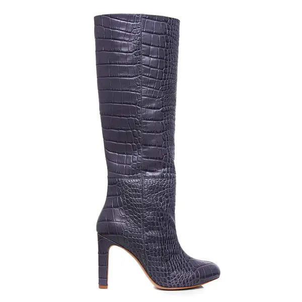 Cizme Clara Piele Embosata, Sub Genunchi, Gri Inchis - 34 / 8cm - Gros
