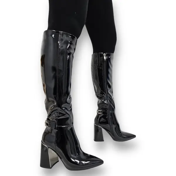 CIZME DAMA din PIELE Ecologica LACUITA cu FERMOAR CRL0924 CULOARE: Negru