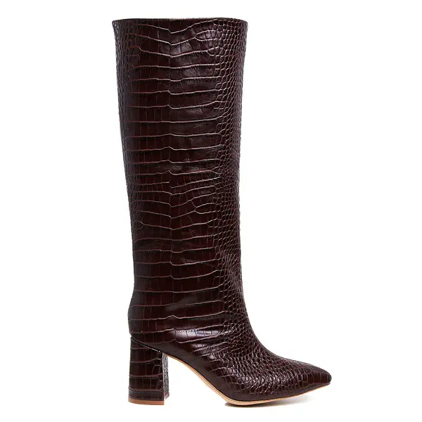 Cizme Ilona Piele Embosata, Sub Genunchi, Maro Inchis - 40 / 9.5 cm
