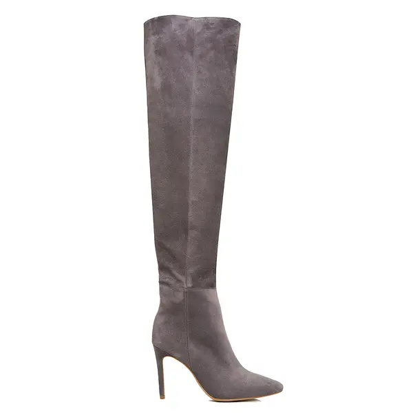 Cizme Lungi Milana Piele Intoarsa, Gri - 37 / 8 cm