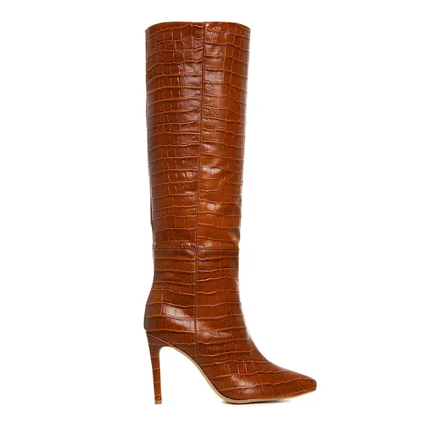 Cizme Milla Piele Embosata, Sub Genunchi, Maro-Caramel - 34 / 9.5 cm