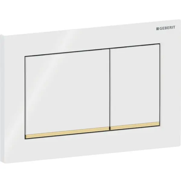 Clapeta actionare dubla rezervor wc alb lucios cu banda de design de culoare aurie lucios Geberit Omega20