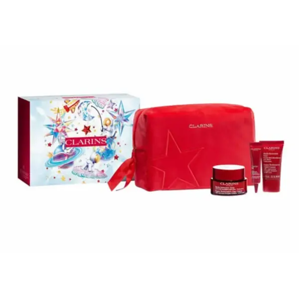 Clarins Super Restorative Set cadou pentru Femei Volum Cremă de zi 50 ml + cremă de noapte 15 ml + ser pentru ochi 7 ml + Double Serum 0,9 ml + neceser