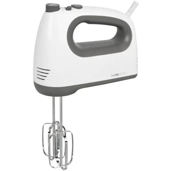 CLATRONIC Mixer Clatronic HM 3775, Motor puternic de 400 W, Mixer de mana, Functie Turbo si 5 trepte de viteza, Teluri si carlige pentru aluat din otel inoxidabil, compatibile cu masina de spalat vase, Alb-Gri