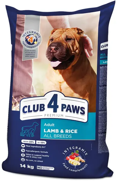 CLUB 4 PAWS Hrană uscată pt câini Adult, cu Miel şi Orez 14kg
