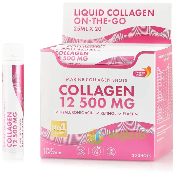 Colagen Marin Hidrolizat Lichid 12.500mg (Acid Hialuronic 50mg + Retinol 800mcg + Elastina 10mg + MSM 200mg + Zinc10 mg + Vitaminele C, B5, D3, K2) 20 fiole