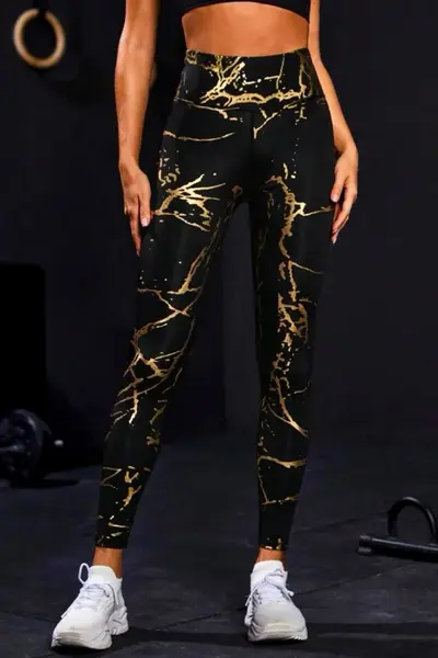 Colanti fitness Metallic Gold, cu banda lata modelatoare si imprimeu auriu
