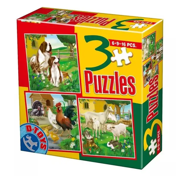 Colectie 3 Puzzle Copii, 6, 9, 16 Piese, Animale Domestice Mici