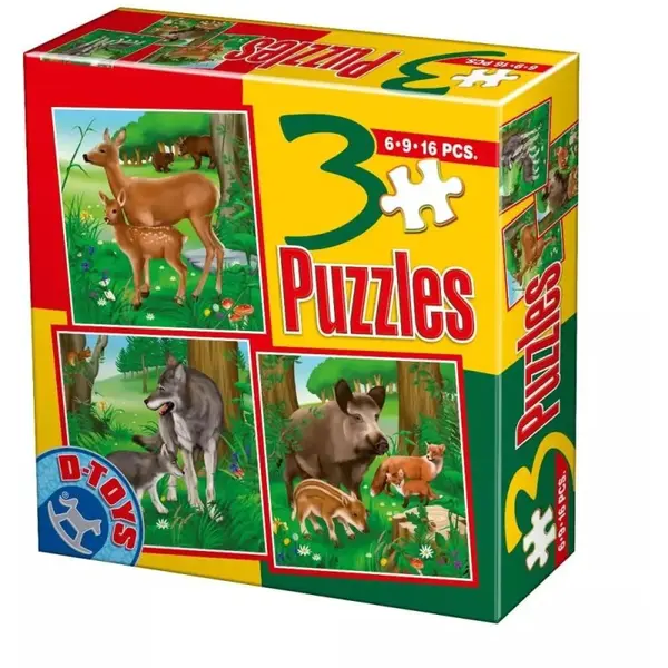 Colectie 3 Puzzle Copii, 6, 9, 16 Piese, Animale Salbatice