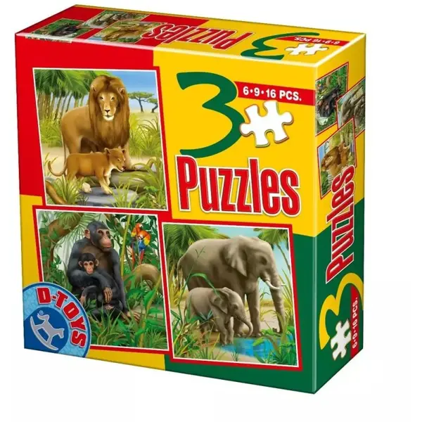 Colectie 3 Puzzle Copii, 6, 9, 16 Piese, Animale Salbatice Mari