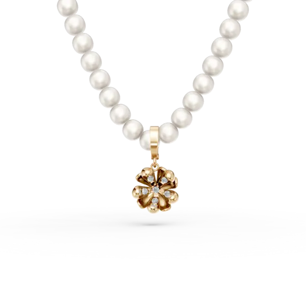 Colier cu pandantiv floare de tei din aur galben cu diamante de 0.08ct si perle de cultura
