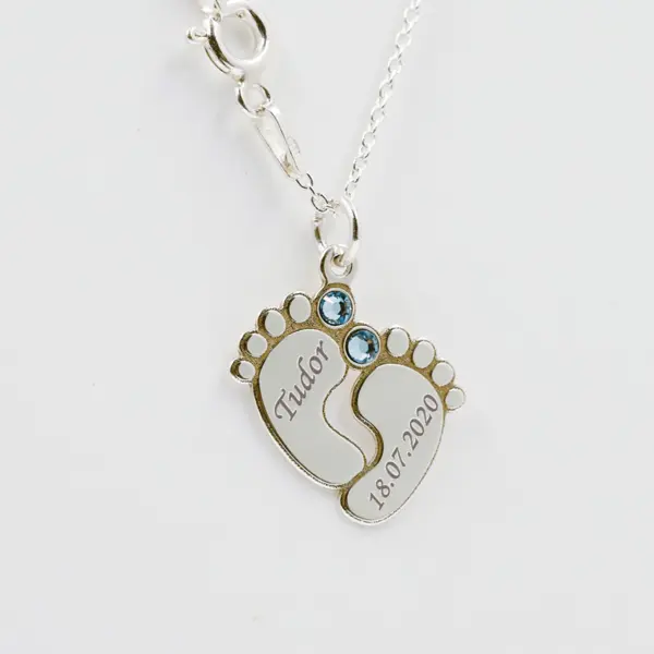 Colier cu pandantiv picioruse personalizat-argint .925 si cristal SWAROVSKI albastru