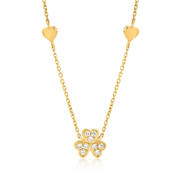 Colier cu trifoi si inimioare din aur galben cu diamante de 0.062ct