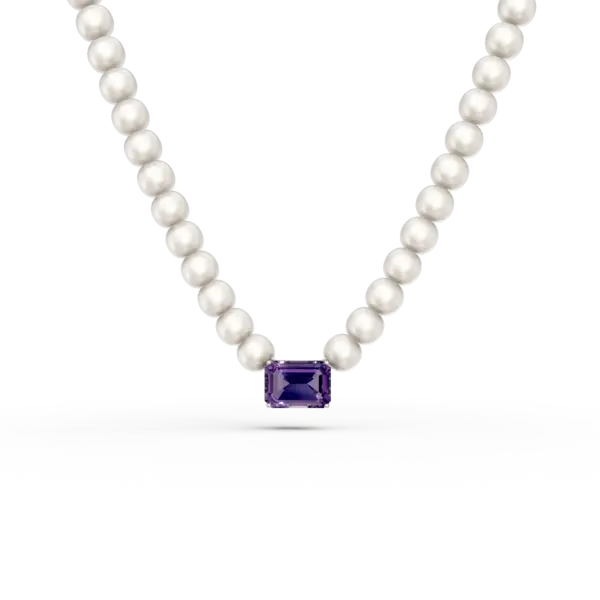 Colier din aur alb cu ametist octogonal de 1.1ct si perle de cultura