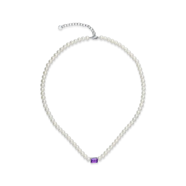 Colier din aur alb cu perle de cultura de 46.2ct si ametist octogonal de 0.9ct