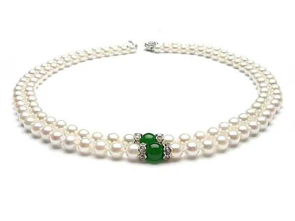 Colier Dublu Perle Naturale Albe 6-7 mm, Jad Malaezian 8 mm, Argint 925 KASKADDA