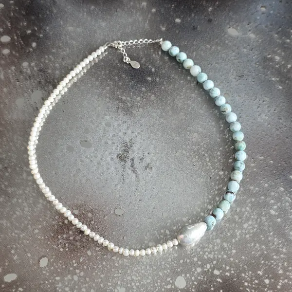 Colier larimar și perle Ocean Whisper #310