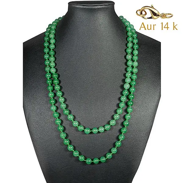 Colier Lung Jad Verde Malaesian de 8 mm cu Inchizatoare de Aur de 14k