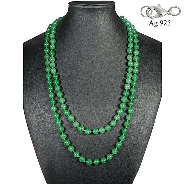 Colier Lung Jad Verde Malaesian de 8 mm cu Inchizatoare de Argint 925