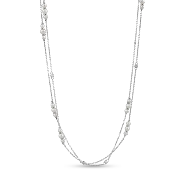 Colier minimalist din aur alb cu diamante de 0.08ct si perle de cultura
