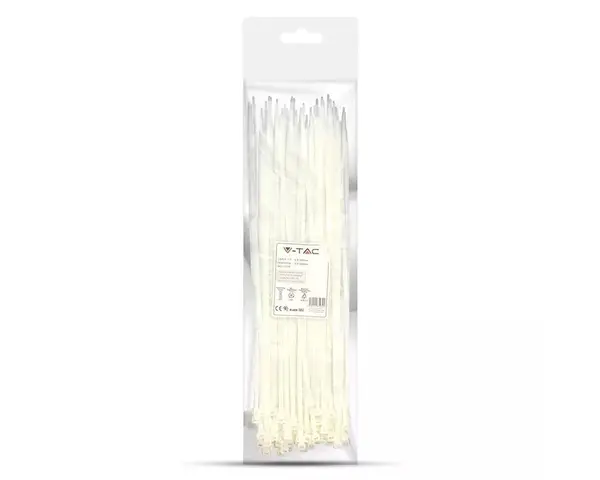 Coliere de plastic zimtat, plastic, 2.5 mm x 200 mm, albe, 100 bucati, V-TAC SKU-11163
