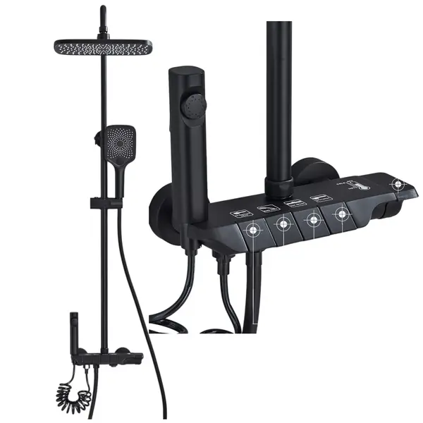 Coloana de Dus Baie BisDesign , Butoane Stil Piano, Finisaj Negru Mat, Para Dus 28 cm cu Efect Ploaie, 4 Functii de Curgere