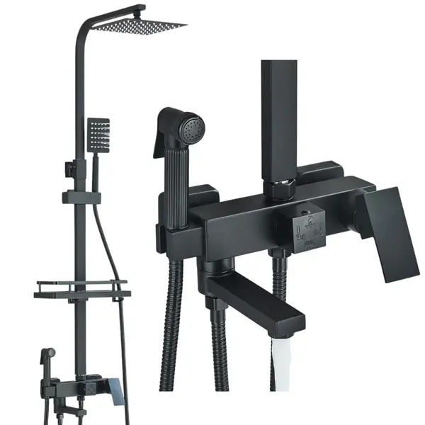 Coloana de Dus Baie, Reglabila pe Inaltime, Culoare Negru Mat, Palarie Dus 30 cm cu Efect Ploaie, 4 Functii de Curgere