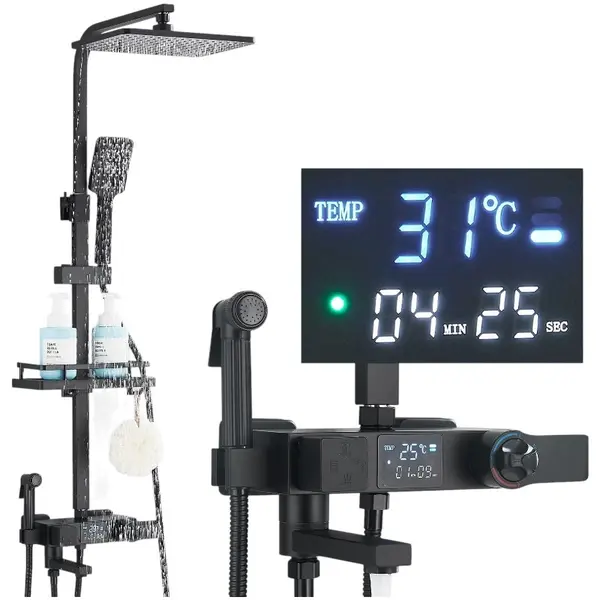 Coloana de Dus BisDesign , Termostat Temperatura Apa, Reglabila pe Inaltime, Display LCD, Cos Organizator, Finisaj Negru Mat, Palarie Dus 29 cm cu