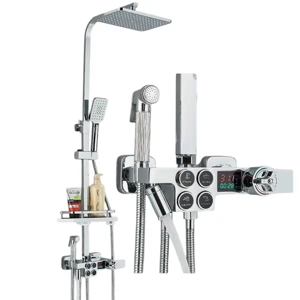 Coloana de Dus BisDesign , Termostat Temperatura Apa, Reglabila pe Inaltime, Display LCD, Cos Organizator, Culoare Crom, Palarie Dus 30 cm cu Efect