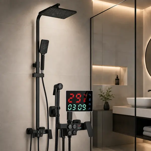 Coloana dus cu afisaj LCD, para de dus ajustabila, termometru, turbina generatoare de curent, baterie termostat, corp baterie din alama, 4 functii, negru mat