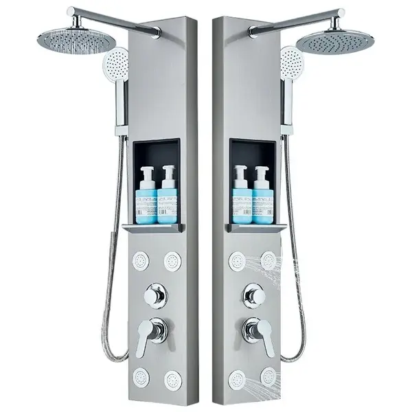 Coloana Panel de Dus BisDesign , Functii SPA cu Raft de Depozitare, Pipa Efect Ploaie, Finisaj Crom Metalizat, Dimensiune 111 cm