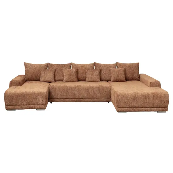 Coltar extensibil MARIBO U, cu arcuri si lada depozitare, colt stanga, caramiziu, 350x203x90 cm