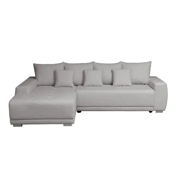 Coltar MARIBO L BUCLE extensibil, cu arcuri si lada depozitare, colt stanga, gri cu nuante roz, 282x205x92 cm