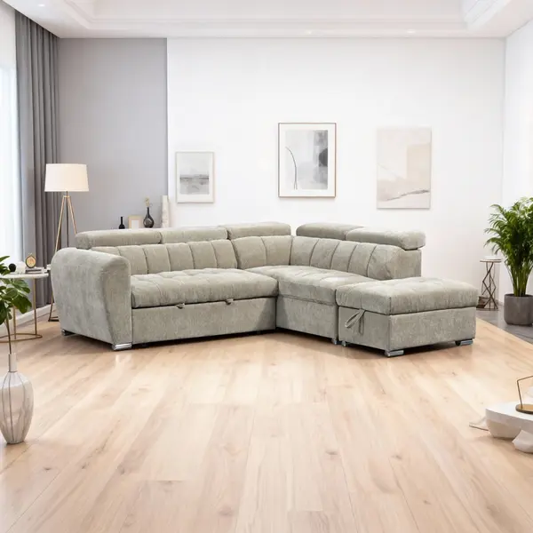 Coltar stanga extensibil cu depozitare, Nuvora, Pako, Bej 244x225x79 cm