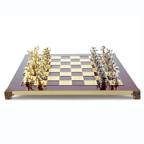 Combo set Piese de sah din metal Hercule- Mediu+Tabla metal Alama Rosu